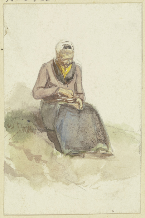 Auf einem Rasen sitzt eine alte Frau und hält eine Schale mit Milch auf dem Schoß od Jakob Furchtegott Dielmann