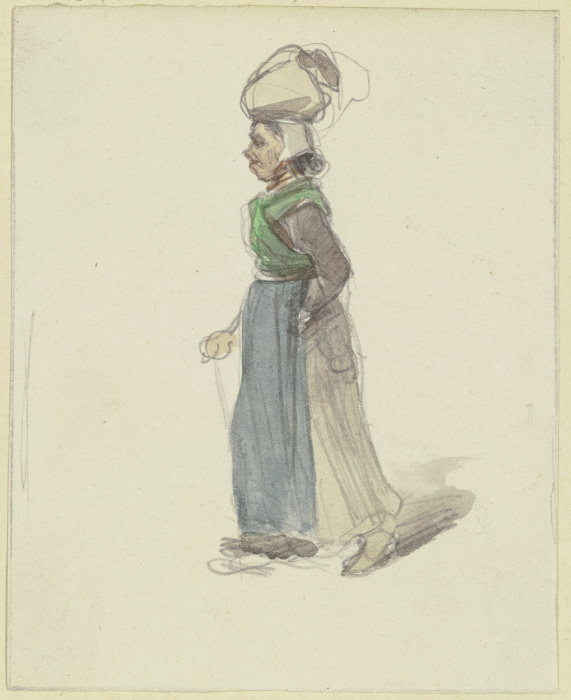 Bauersfrau, mit einem Sack auf dem Kopf und einem Stock in der Hand nach links gehend od Jakob Furchtegott Dielmann