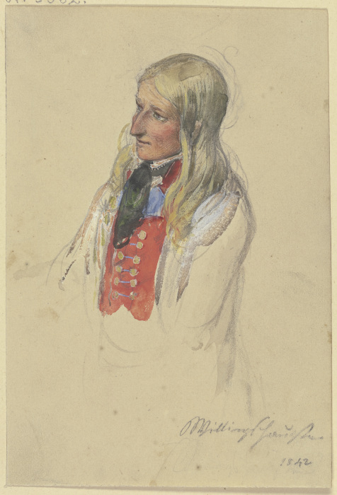 Brustbild einer jungen blonden Bäuerin in roter Weste und weißem Rock od Jakob Furchtegott Dielmann