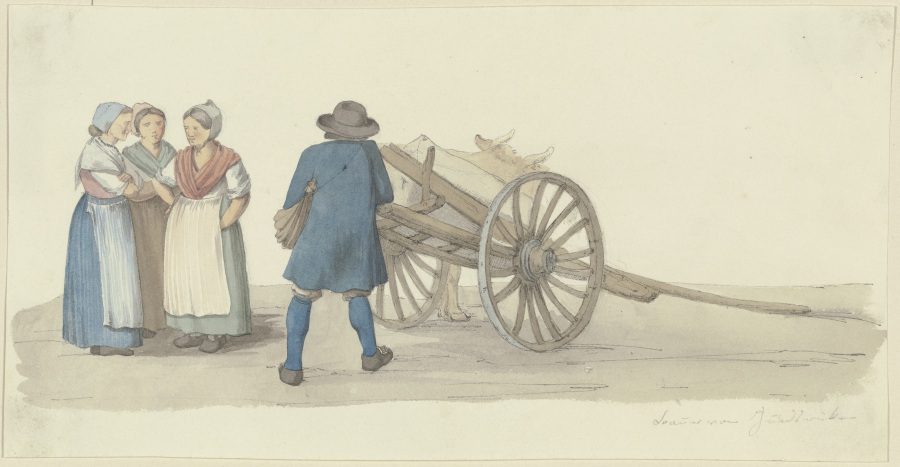 Ein Bauer und drei Frauen vom Hunsrück bei einer Karre, dahinter ein Rind od Jakob Furchtegott Dielmann