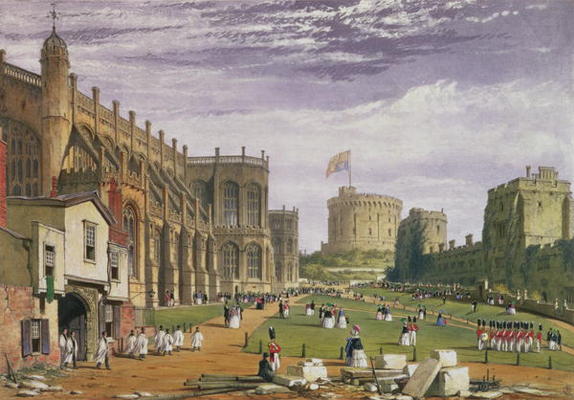 Lower Ward with a view of St George's Chapel and the Round Tower, Windsor Castle, 1838 (colour litho od James Baker Pyne