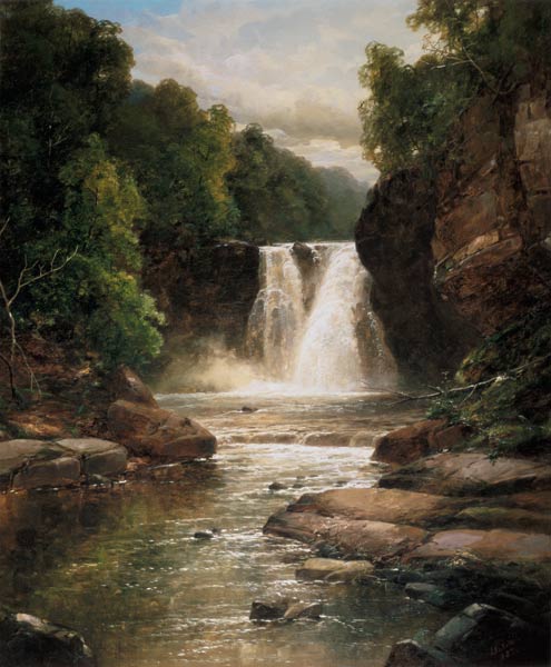 A Wooded River Landscape with Waterfall od James Burrell Smith