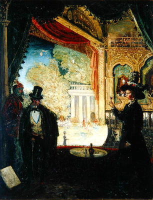 A Scene in a Theatre: A Performance Seen from a Box in which Three figures are Standing, 1908 (oil o od James Dickson Innes