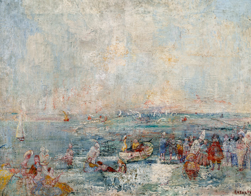 The carnival on the beach, 1887, by James Ensor (1860-1949), oil on canvas, 54x69 cm. Belgium, 19th  od James Ensor