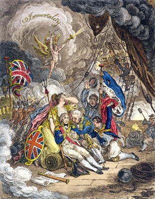 The Death of Admiral Lord Nelson at the Moment of Victory! published by Hannah Humphrey in 1805 (han od James Gillray