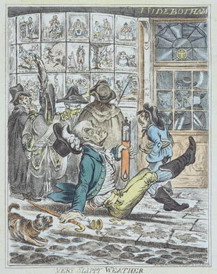 Very Slippy Weather, engraved by J. Sidebotham (colour litho) od James Gillray