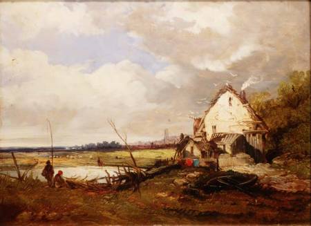 Anglers by a Cottage on a River Bank od James Holland