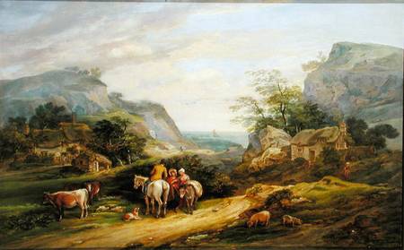 Landscape with figures and cattle od James Leakey