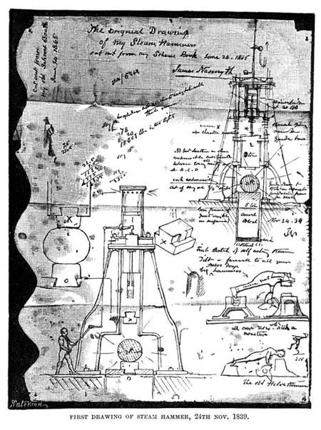 First Drawing of Steam Hammer, 24th November 1839, from a torn out page from Nasmyth's sketch book, od James Nasmyth