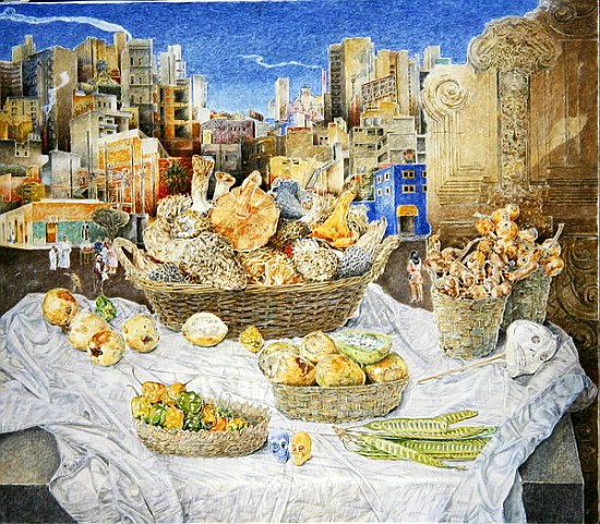 Still Life with Funghi and Cityscape, 2001 (oil on canvas)  od  James  Reeve
