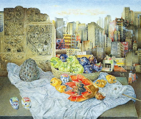 Still Life with Papaya and Cityscape, 2000 (oil on canvas)  od  James  Reeve