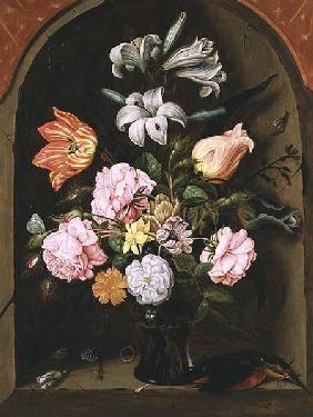 A Still Life of Flowers in a Vase and a Kingfisher on a Ledge