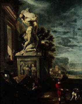 Sea port with figures by a classical statue