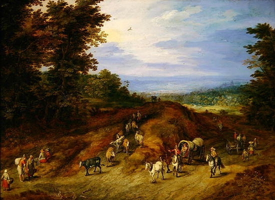 Landscape with peasants, carts and animals (oil on copper) od Jan Brueghel d. Ä.