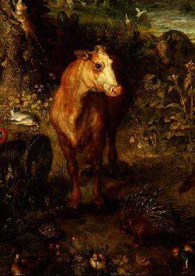 Earth or The Earthly Paradise, detail of a cow, porcupine and other animals