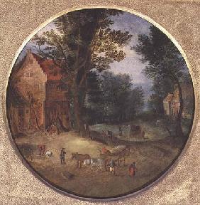Flemish landscape with carts and figures (tondo, panel)
