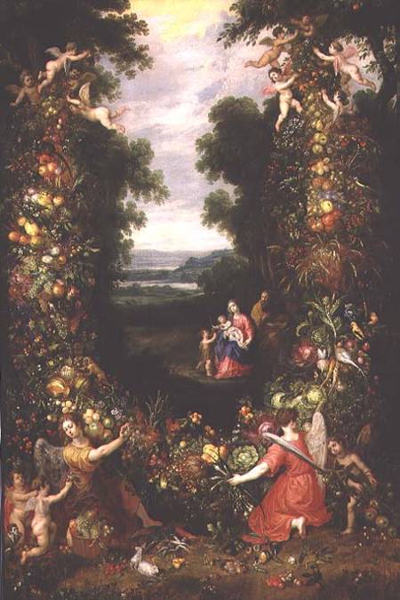 Holy Family in a landscape with a garland of fruit and vegetables (panel) od Jan Brueghel d. J.