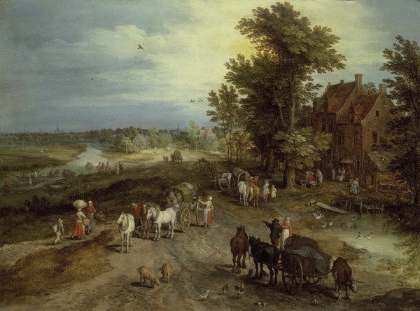 Jan Bruegel t.E./Landscape w.tavern od Jan Brueghel d. J.