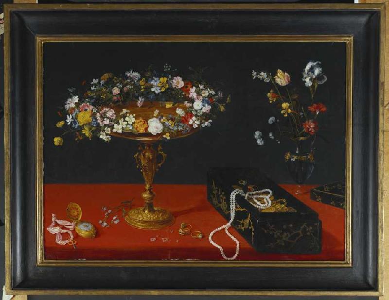 Stillleben mit Blumenkranz, Lackdose, Taschenuhr und Blumenstrauß in einer Glasvase. od Jan Brueghel d. J.