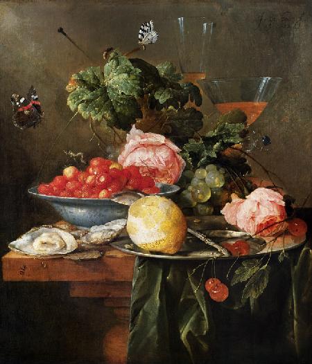 Fruit still life with butterfly