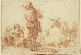 Ein Hirte in Rückenansicht bläst die Flöte, eine Hirtin sitzt dabei mit einigem Vieh