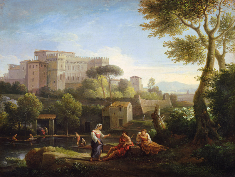 Landscape with figures and a fortress by a river (pair of 81826) od Jan Frans van Bloemen