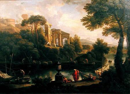 Landscape with figures by a pool with ruins in the background od Jan Frans van Bloemen