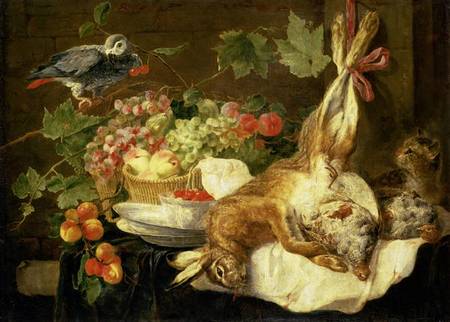 Still Life with Hare, Fruit and Parrot od Jan Fyt