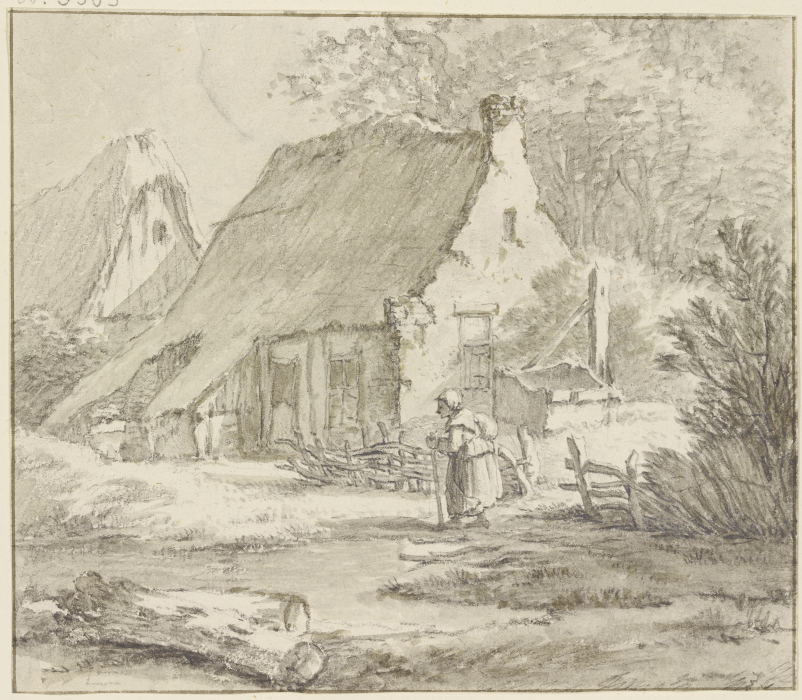 Bauernhäuser, davor ein altes Weib nach links sehend, vorne links zwei Baumstämme od Jan Hulswit