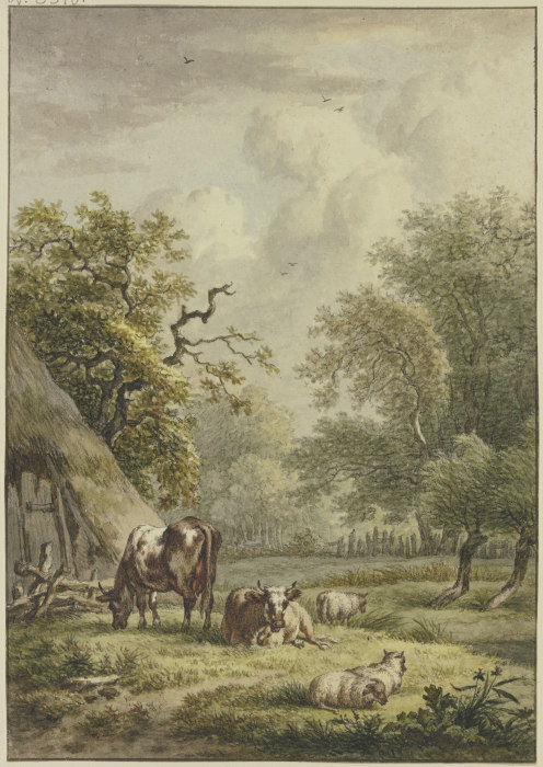 Bei einer Hütte weiden zwei Kühe und drei Schafe od Jan Hulswit