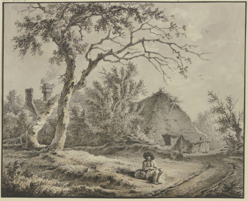 Eichen und Hütten, vorn am Weg sitzt ein ein Wanderer mit einem Bündel od Jan Hulswit
