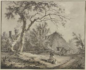 Eichen und Hütten, vorn am Weg sitzt ein ein Wanderer mit einem Bündel