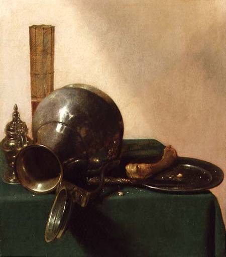 A still life of an overturned jug, a glass of wine, a bone on a plate, all on a green tablecloth od Jan Jansz. den Uyl