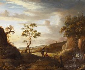 Landscape with an artist who paints a waterfall