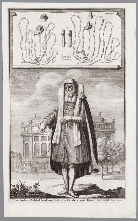 Jewish man, dressed for prayer. On the background the Portuguese Synagogue of Amsterdam od Jan Luyken