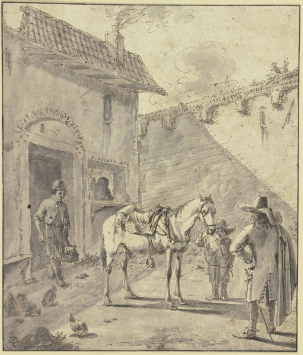 In dem Hof einer Schmiede ist ein Kavalier im Begriff, sein Pferd beschlagen zu lassen od Jan Miel