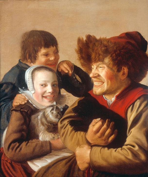 A Grinning Boy in a Fur Hat Holding a Dog, a Girl with a Ca od Jan Miense Molenaer