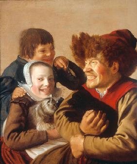 A Grinning Boy in a Fur Hat Holding a Dog, a Girl with a Ca