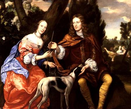 Portrait of a Gentleman and his Wife Holding an Arrow, Seated with their Dog od Jan Mytens