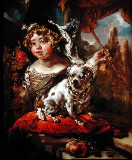 A Portrait of a Boy Wearing a Plumed Hat, Holding a Falcon and Spear, with a Pug Seated Before Him od Jan or Joan van Noordt