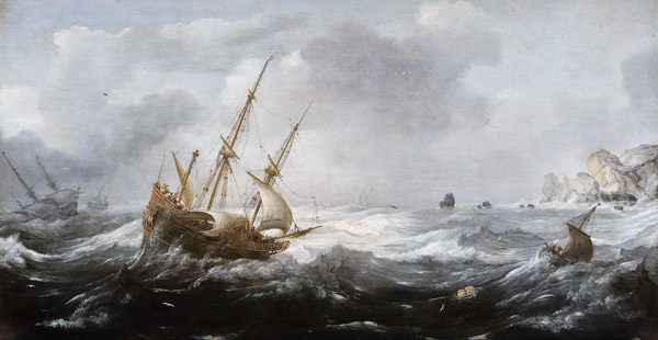 Ships in a Storm on a Rocky Coast od Jan Porcellis
