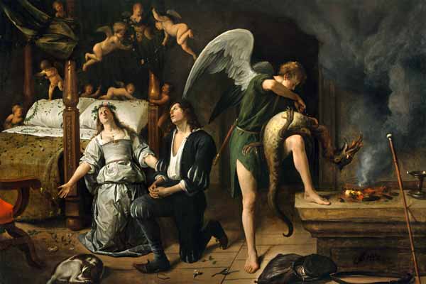 Tobias and Sarah with the Archangel Raphael exorcising the demon Asmodeus, restored version reassemb od Jan Havickszoon Steen