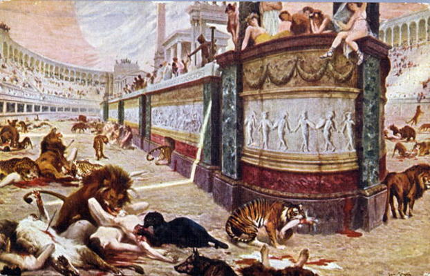 Postcard depicting the bloody games in the arena in Rome, illustration from 'Quo Vadis', 1910 (colou od Jan Styka