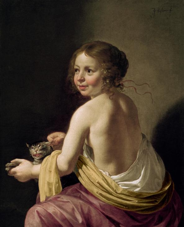 Girl teasing a cat od Jan van Bijlert or Bylert