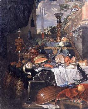 Still life of food and musical instruments