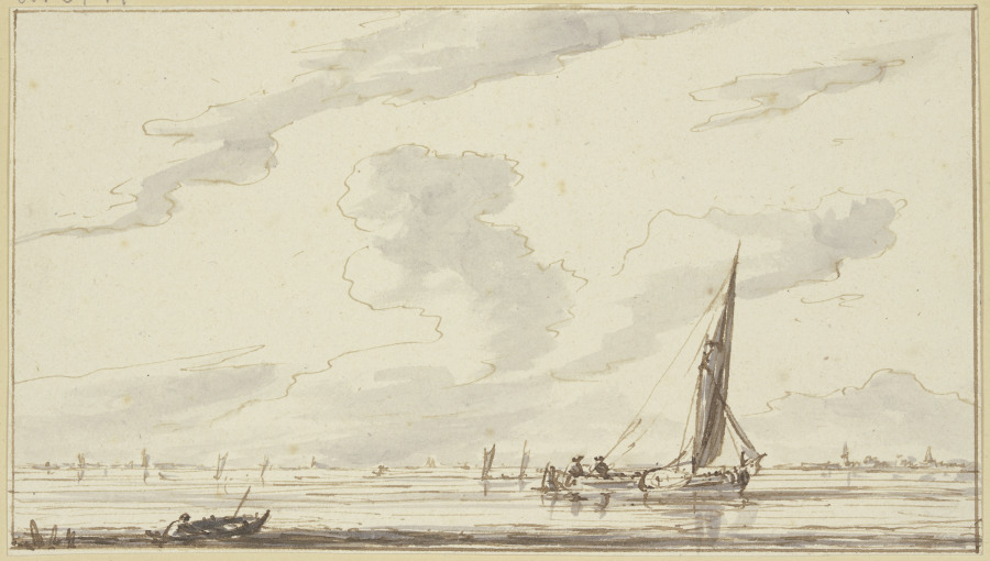 Marina, nach rechts segelnde Barke, links ein Boot od Jan van de Cappelle