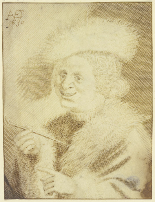 Ein Mann mit Pelzmütze und Pelzrock lachend eine Pfeife haltend od Jan van de Velde II