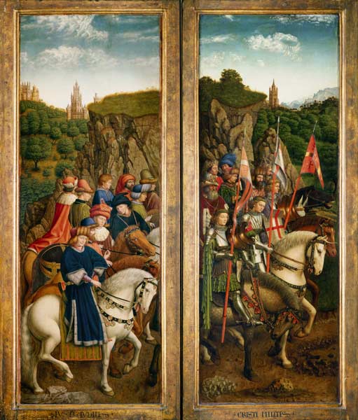 Genter altar -- the just judges (on the left) and the fighters Cristi (on the right) od Jan van Eyck
