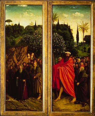 Genter altar -- Eremiten (on the right) and Christophorus with the pilgrims (on the left) od Jan van Eyck