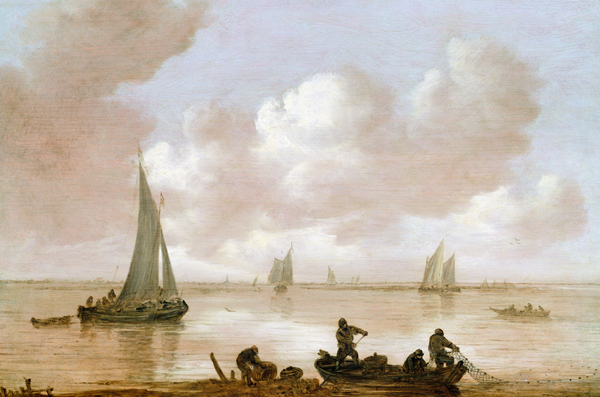 An estuary with fisherman hauling in their nets, with sailing boats behind od Jan van Goyen